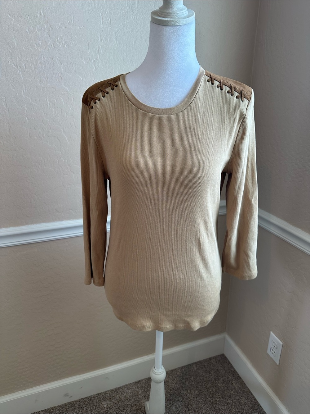 Ralph Lauren Tan Long Sleeve Crewneck Top with Lace-Up Shoulder Detail